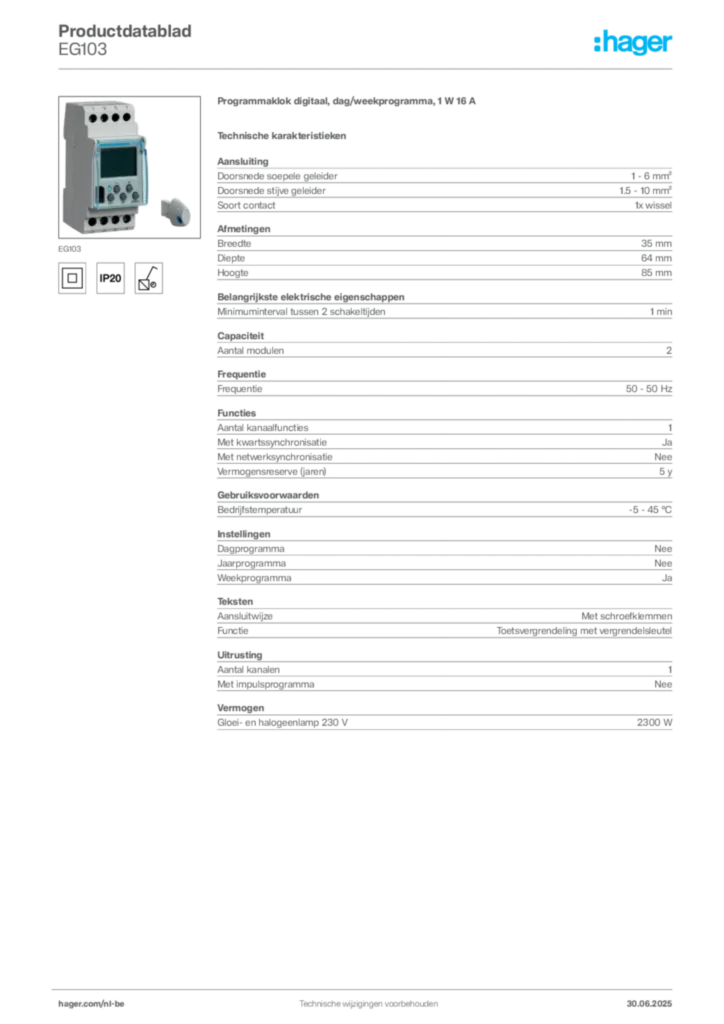 Afbeelding Hager Productdatablad EG103 | Hager Belgium