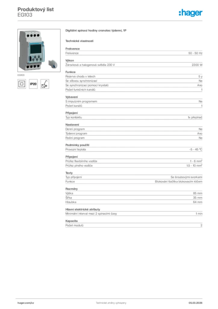 Obrázek Hager Product data sheet EG103 | Hager