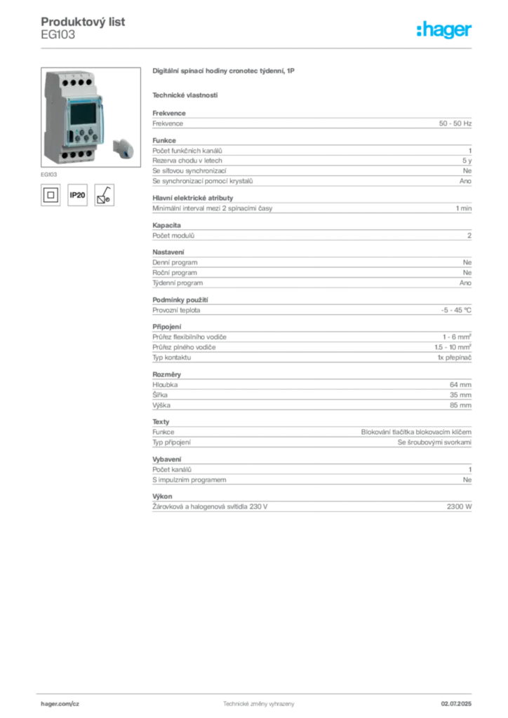 Obrázek Hager Produktový list EG103 | Hager