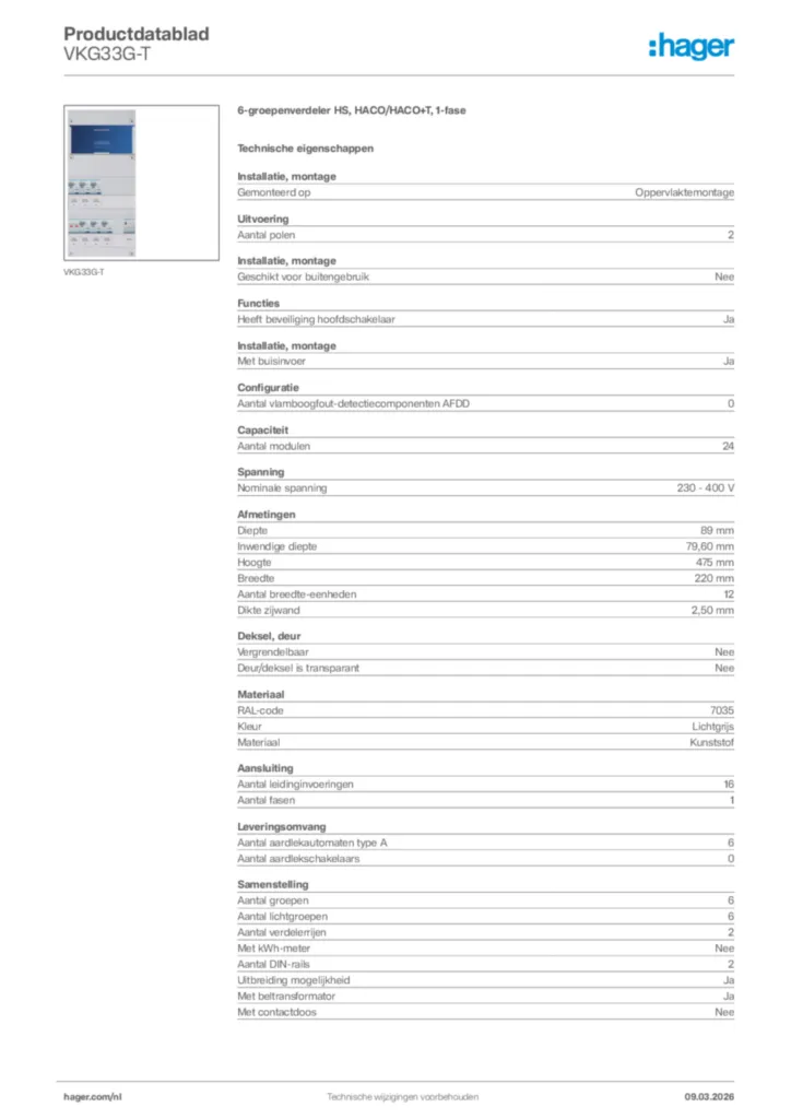 Afbeelding Hager Productdatablad VKG33G-T | Hager Nederland
