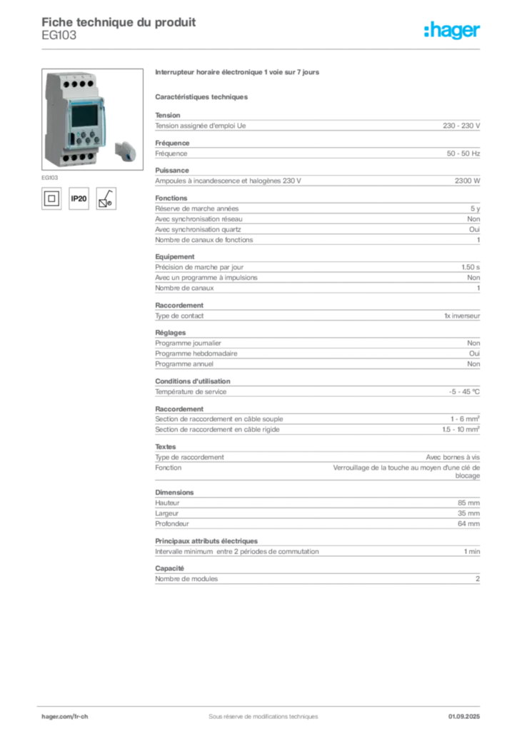 Image Hager Fiche technique du produit EG103 | Hager Suisse