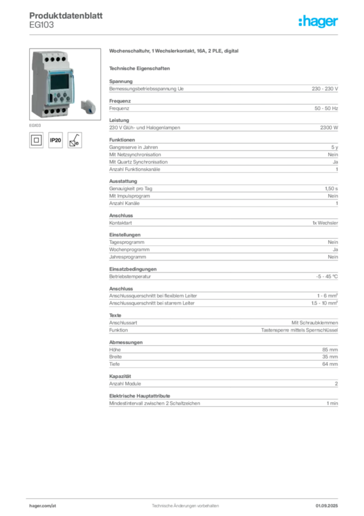 Bild Hager Produktdatenblatt EG103 | Hager Deutschland