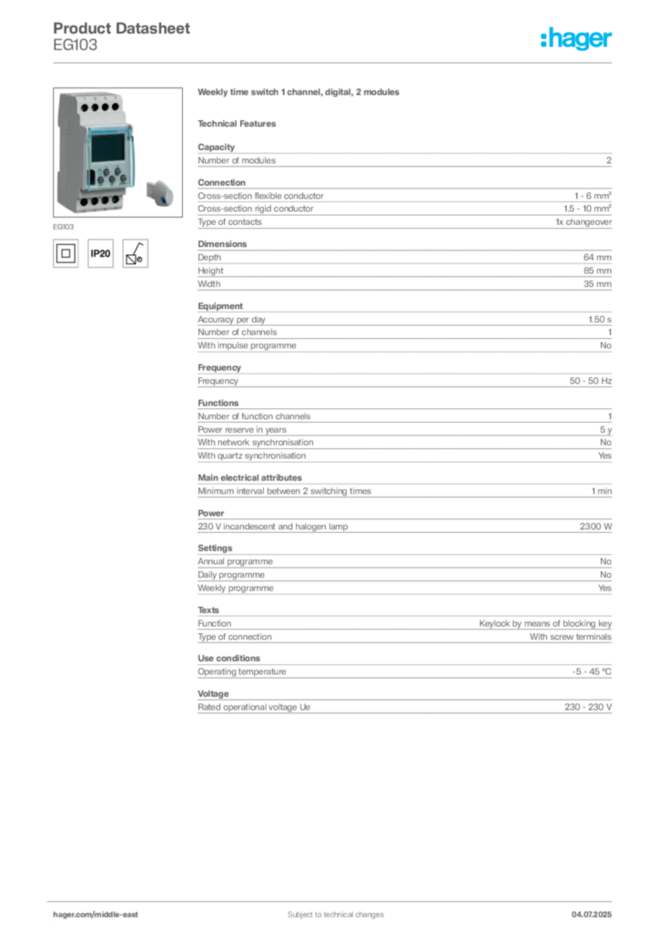 Image Hager Product data sheet EG103  | Hager