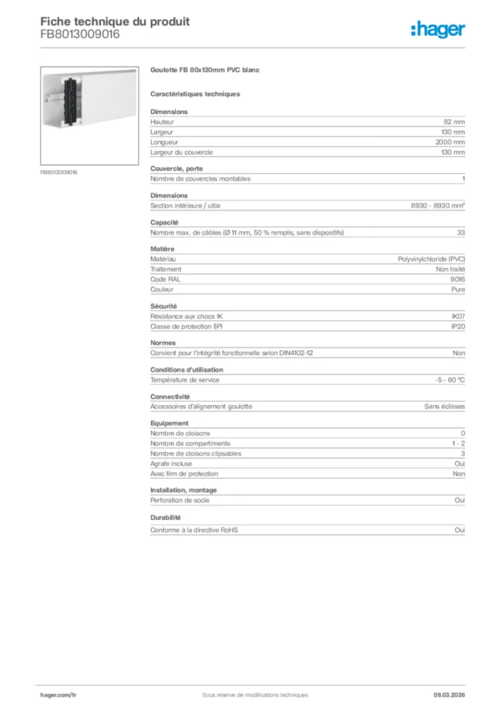 Image Hager Fiche technique du produit FB8013009016 | Hager France