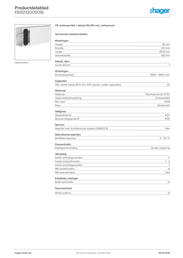Afbeelding Hager Productdatablad FB8013009016 | Hager Belgium