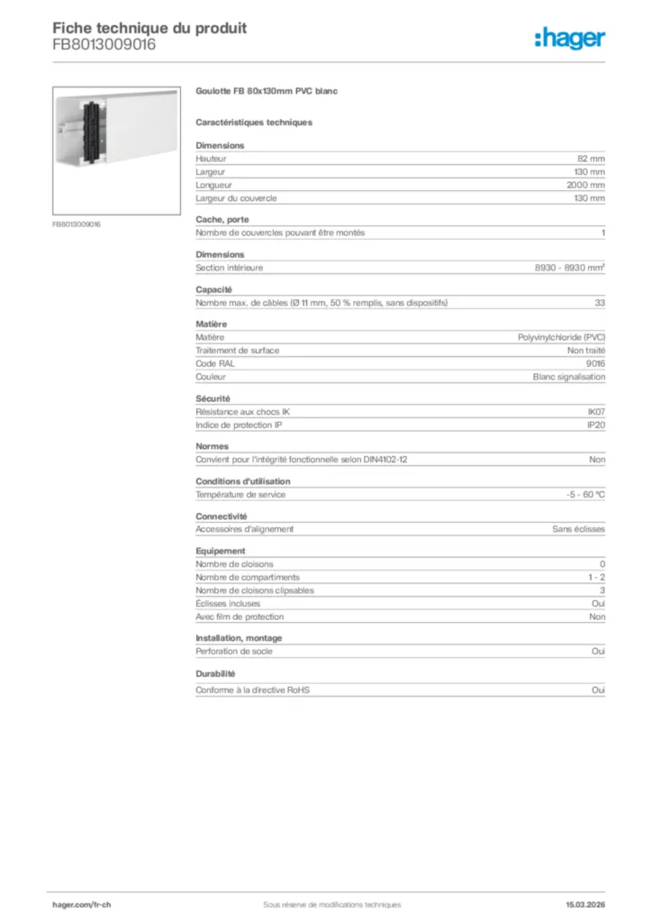 Image Hager Fiche technique du produit FB8013009016 | Hager Suisse