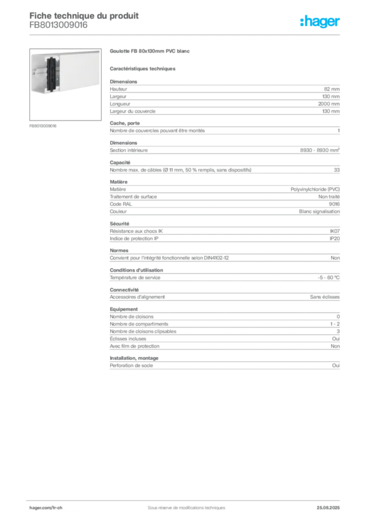 Image Hager Fiche technique du produit FB8013009016 | Hager Suisse