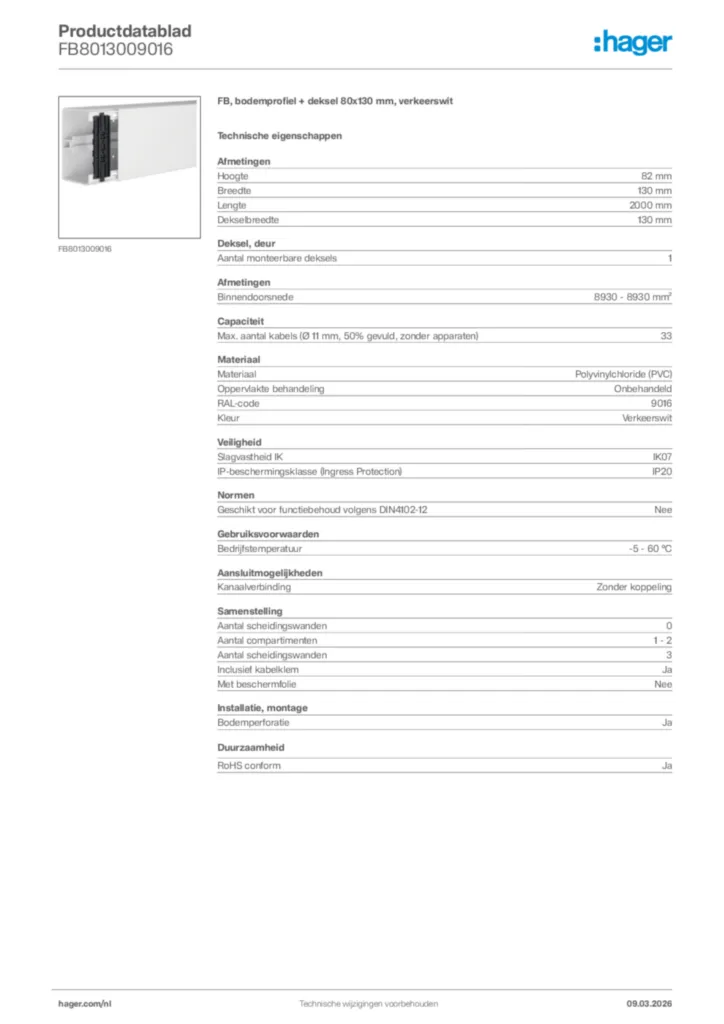 Afbeelding Hager Productdatablad FB8013009016 | Hager Nederland