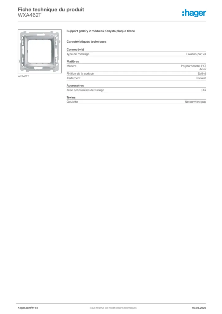 Image Hager Fiche technique du produit WXA462T | Hager Belgique