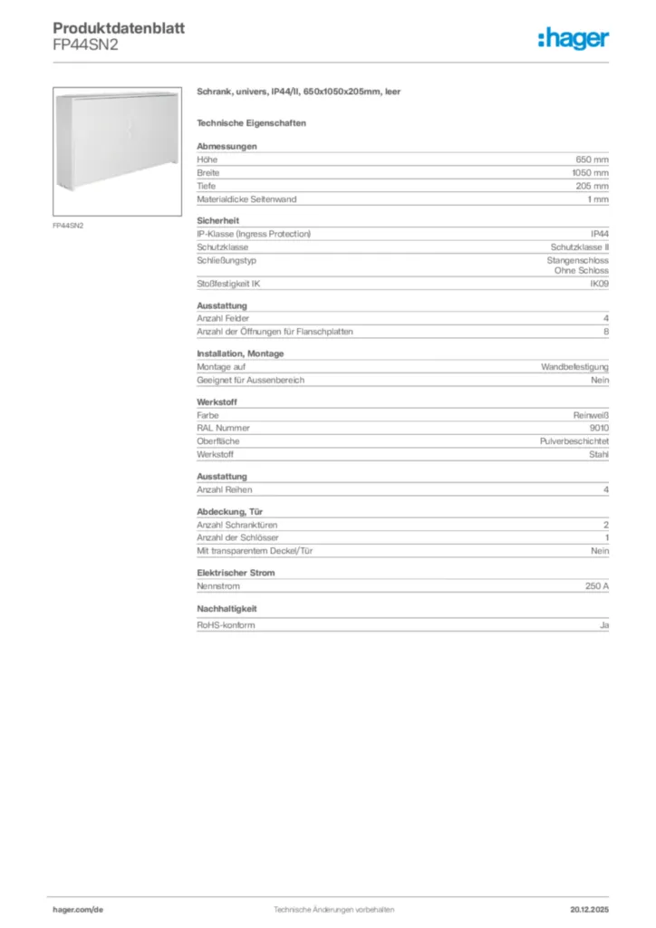 Bild Hager Produktdatenblatt FP44SN2 | Hager Deutschland