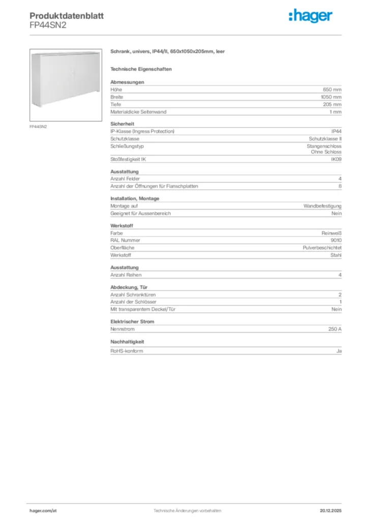 Bild Hager Produktdatenblatt FP44SN2 | Hager Deutschland