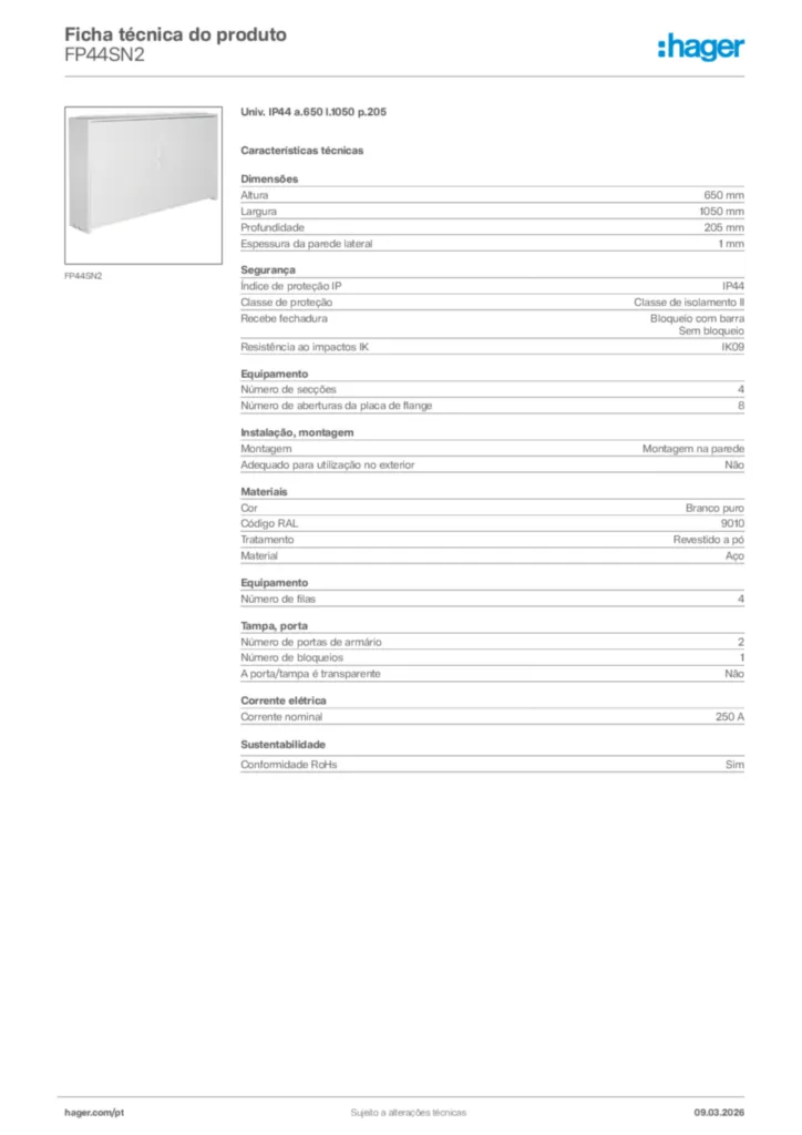 Imagem Hager Ficha técnica do produto FP44SN2 | Hager Portugal