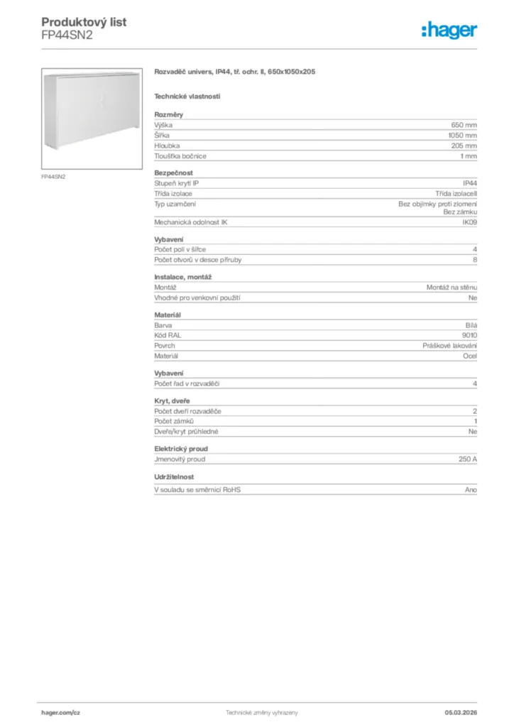 Obrázek Hager Product data sheet FP44SN2 | Hager