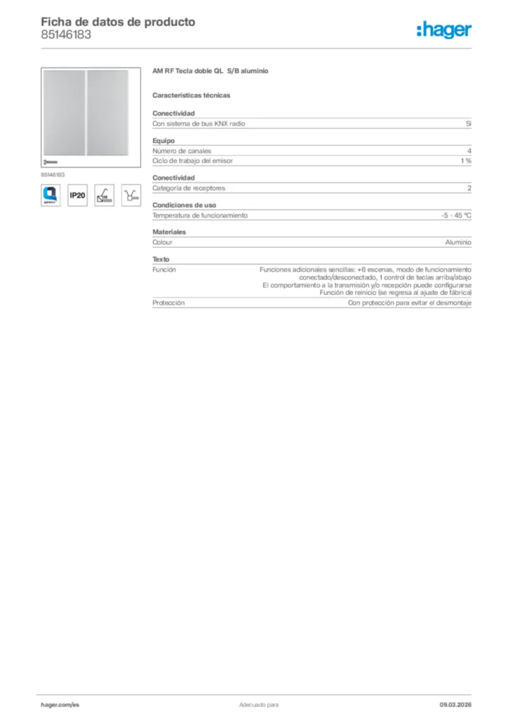 Imagen Hager Ficha de datos de producto 85146183 | Hager España