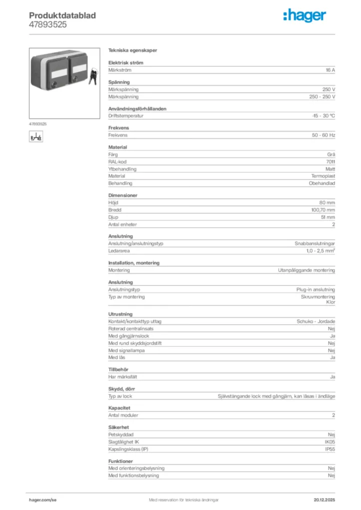 Bild Hager Produktdatablad 47893525 | Hager Sverige