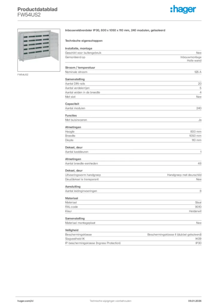 Afbeelding Hager Productdatablad FW54US2 | Hager Nederland