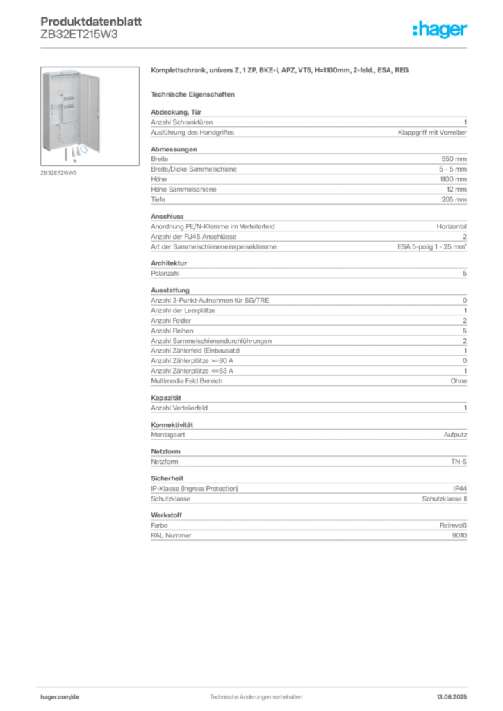 Bild Hager Produktdatenblatt ZB32ET215W3 | Hager Deutschland
