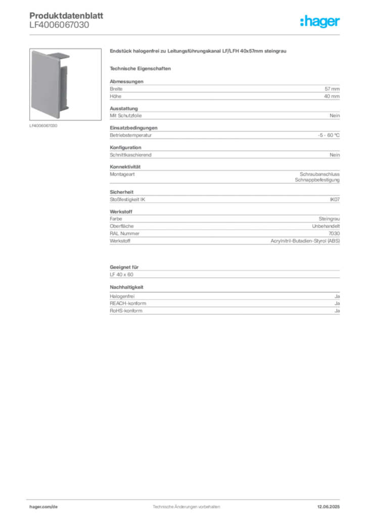 Bild Hager Produktdatenblatt LF4006067030 | Hager Deutschland