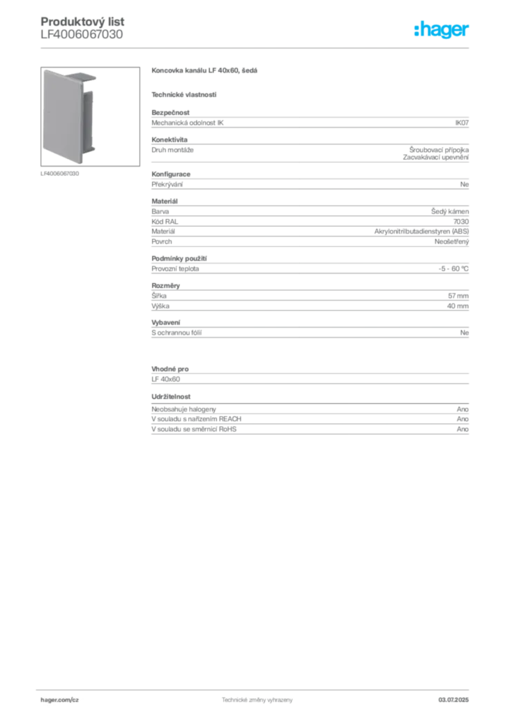 Obrázek Hager Produktový list LF4006067030 | Hager