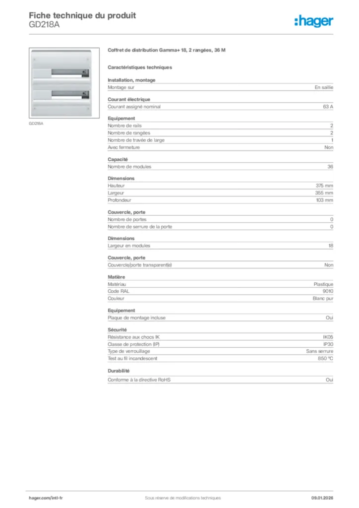 Image Hager Fiche technique du produit GD218A | Hager Afrique