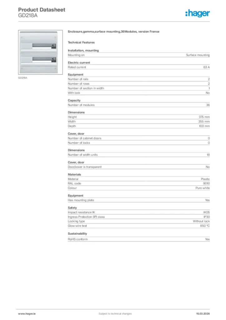 Image Hager Product data sheet GD218A  | Hager