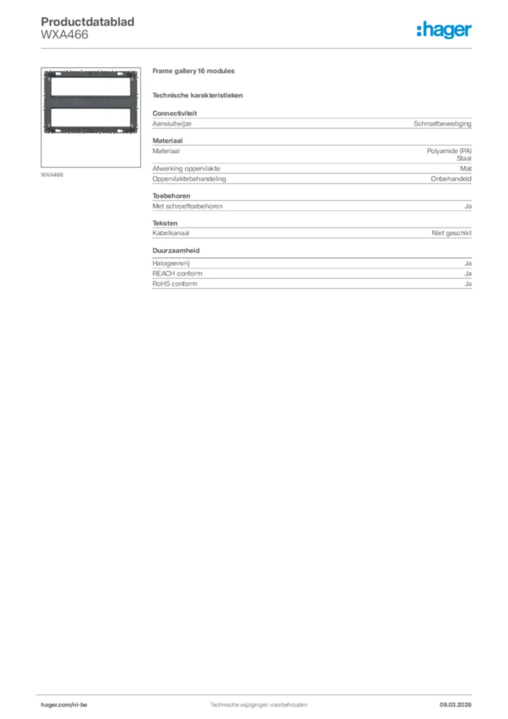 Afbeelding Hager Productdatablad WXA466 | Hager Belgium