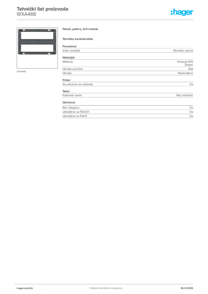Slika Hager Product data sheet WXA466  | Hager