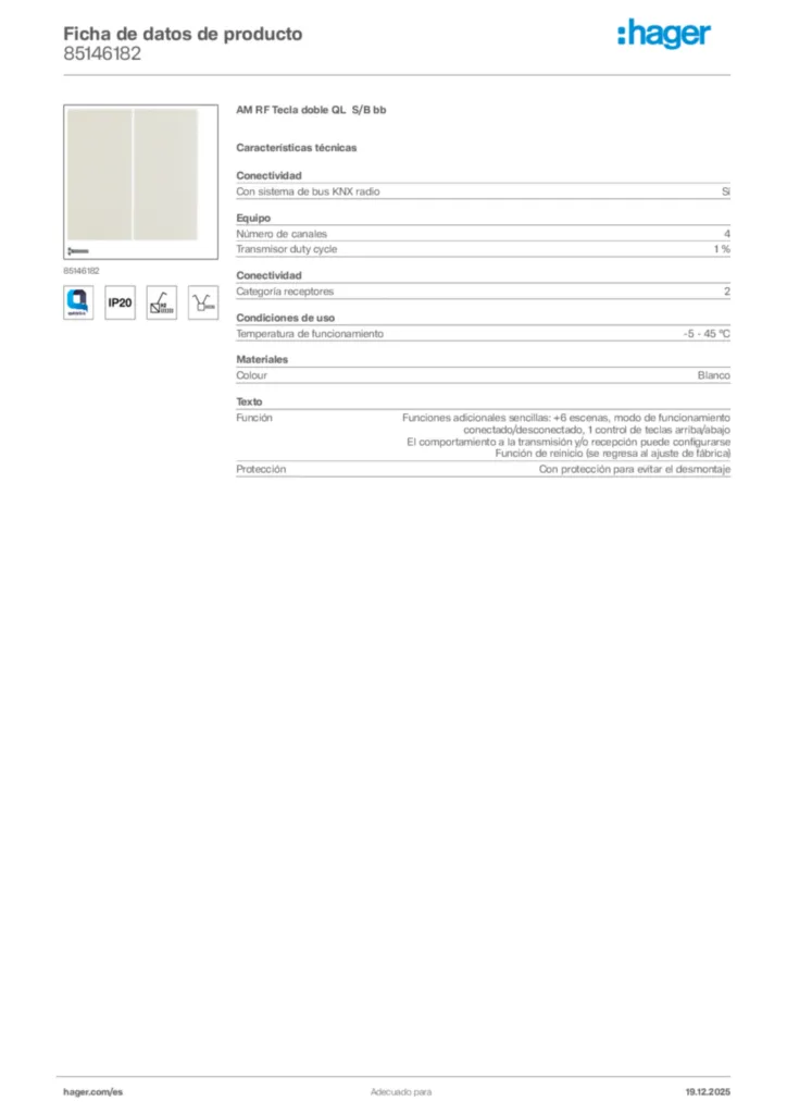 Imagen Hager Ficha de datos de producto 85146182 | Hager España