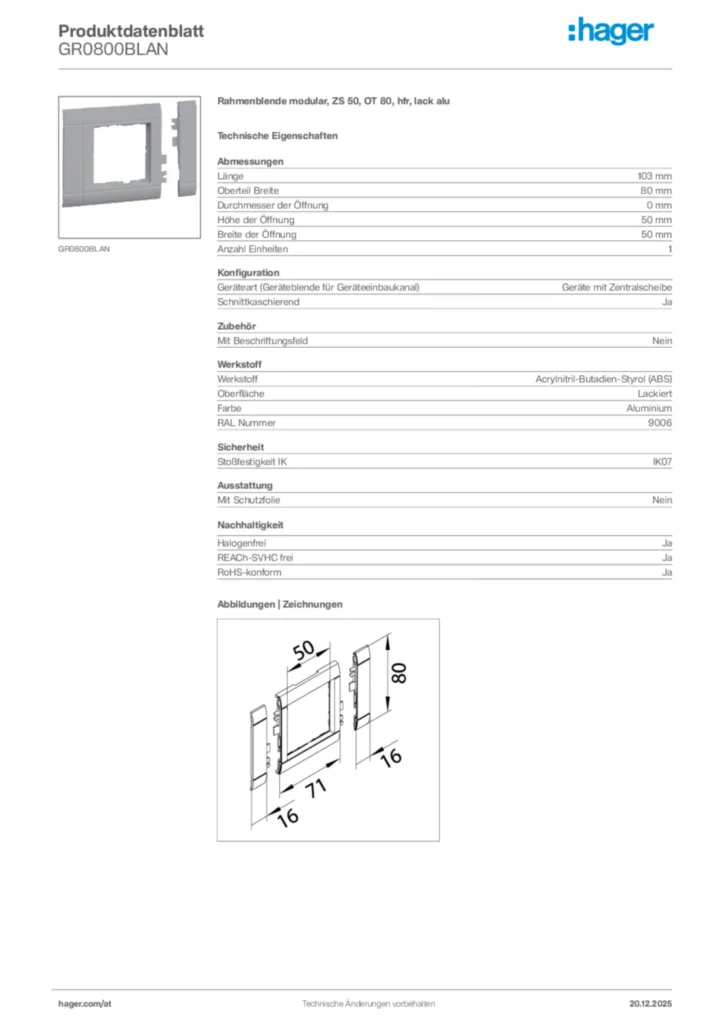 Bild Hager Produktdatenblatt GR0800BLAN | Hager Deutschland