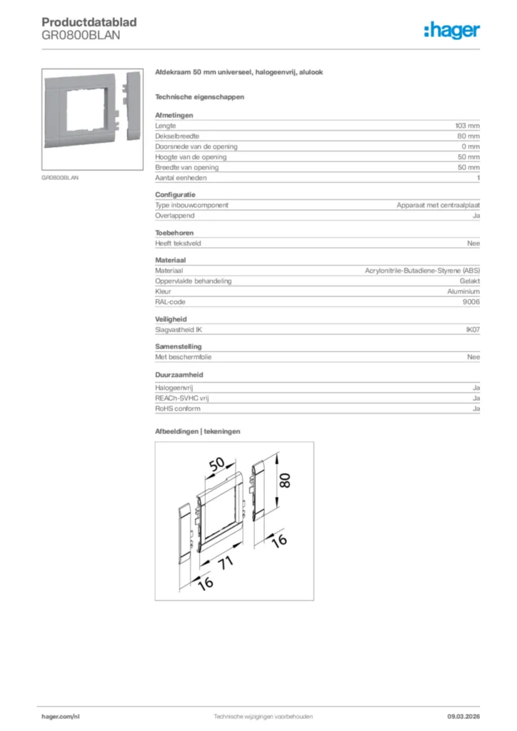 Afbeelding Hager Productdatablad GR0800BLAN | Hager Nederland