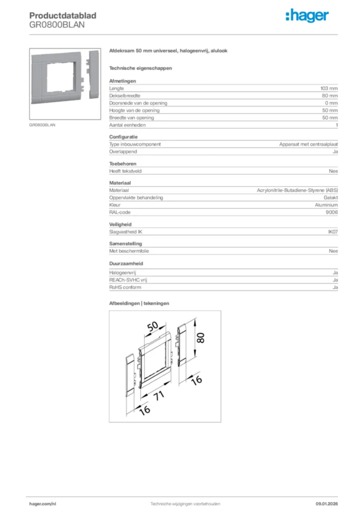 Afbeelding Hager Productdatablad GR0800BLAN | Hager Nederland