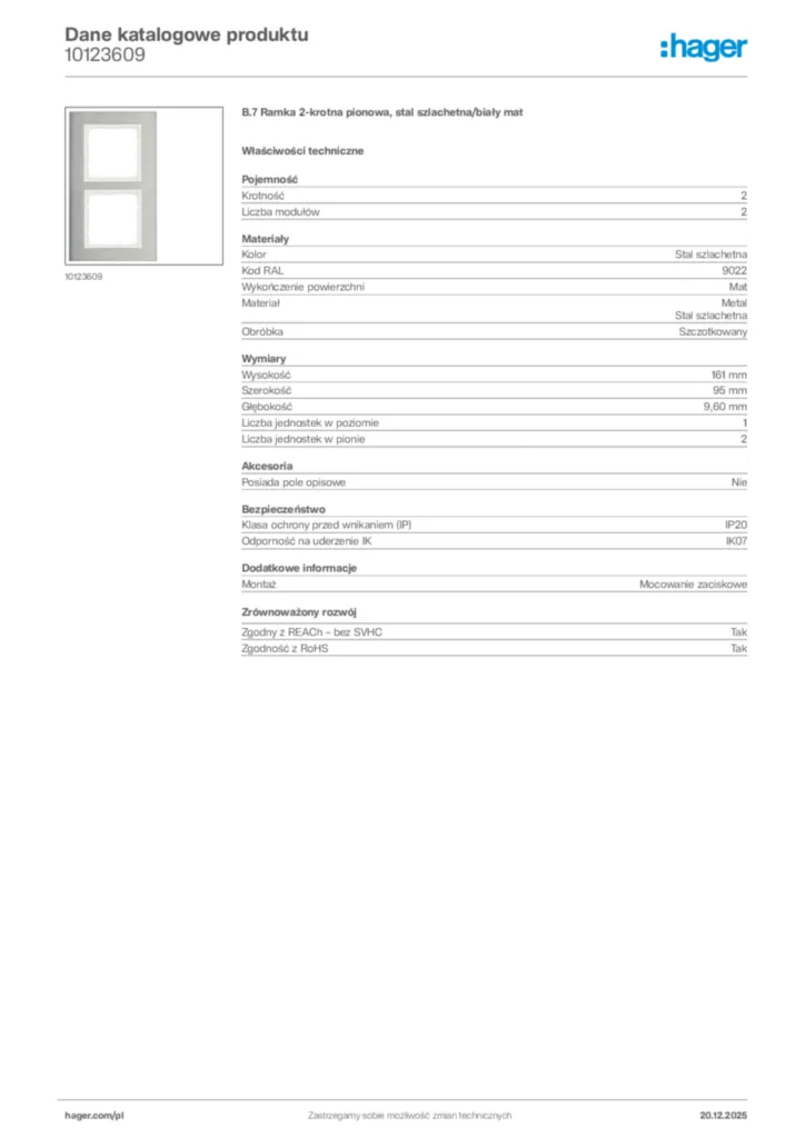 Zdjęcie Hager Karta katalogowa 10123609 | Hager Polska