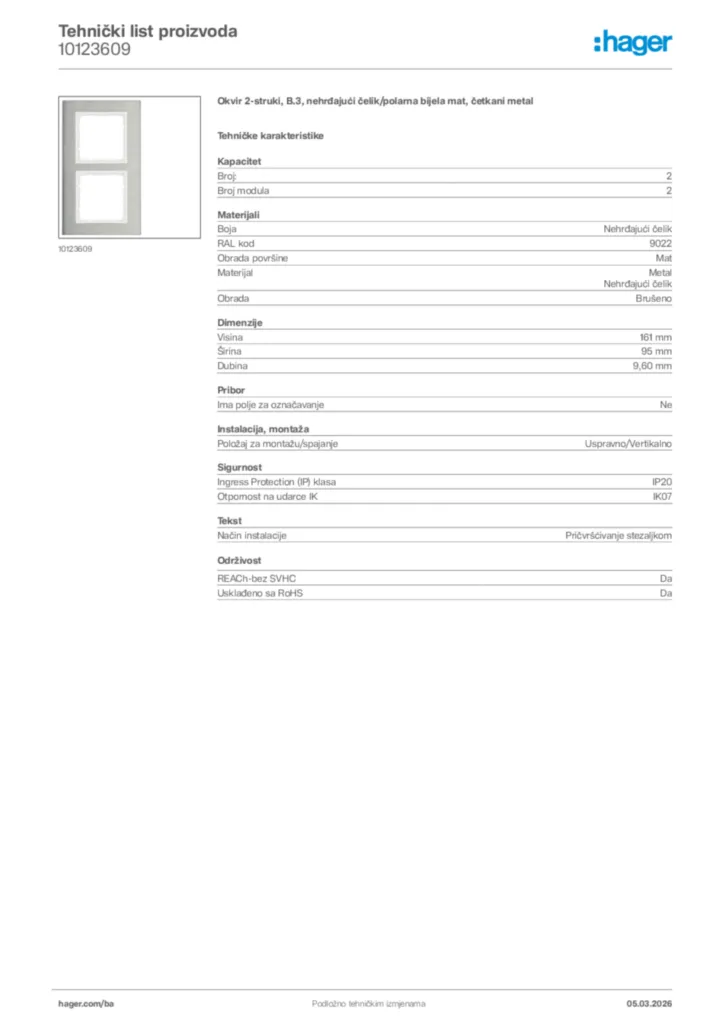 Slika Hager Tehnički list proizvoda 10123609  | Hager
