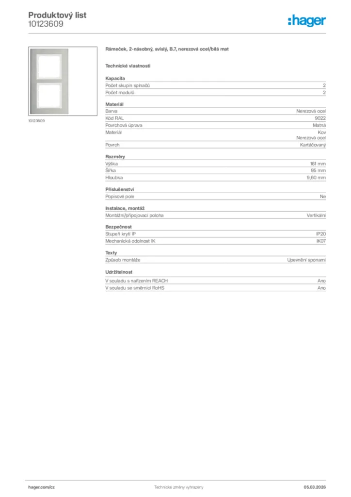 Obrázek Hager Product data sheet 10123609 | Hager