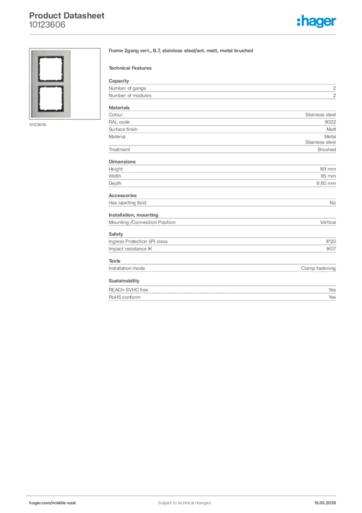 Image Hager Product data sheet 10123606  | Hager