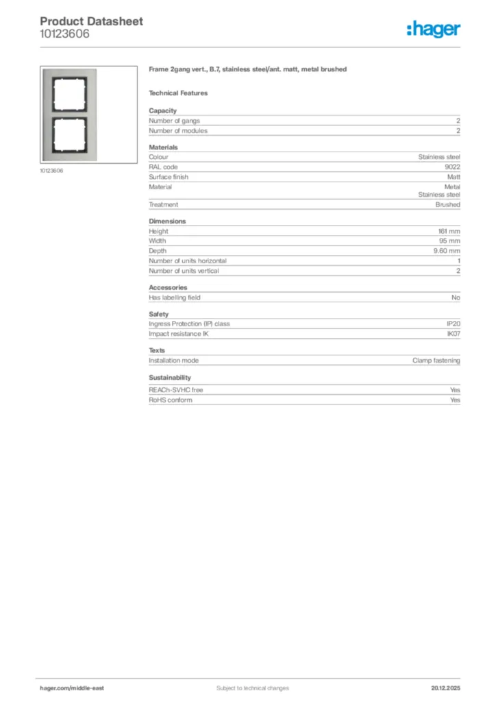 Image Hager Product data sheet 10123606  | Hager