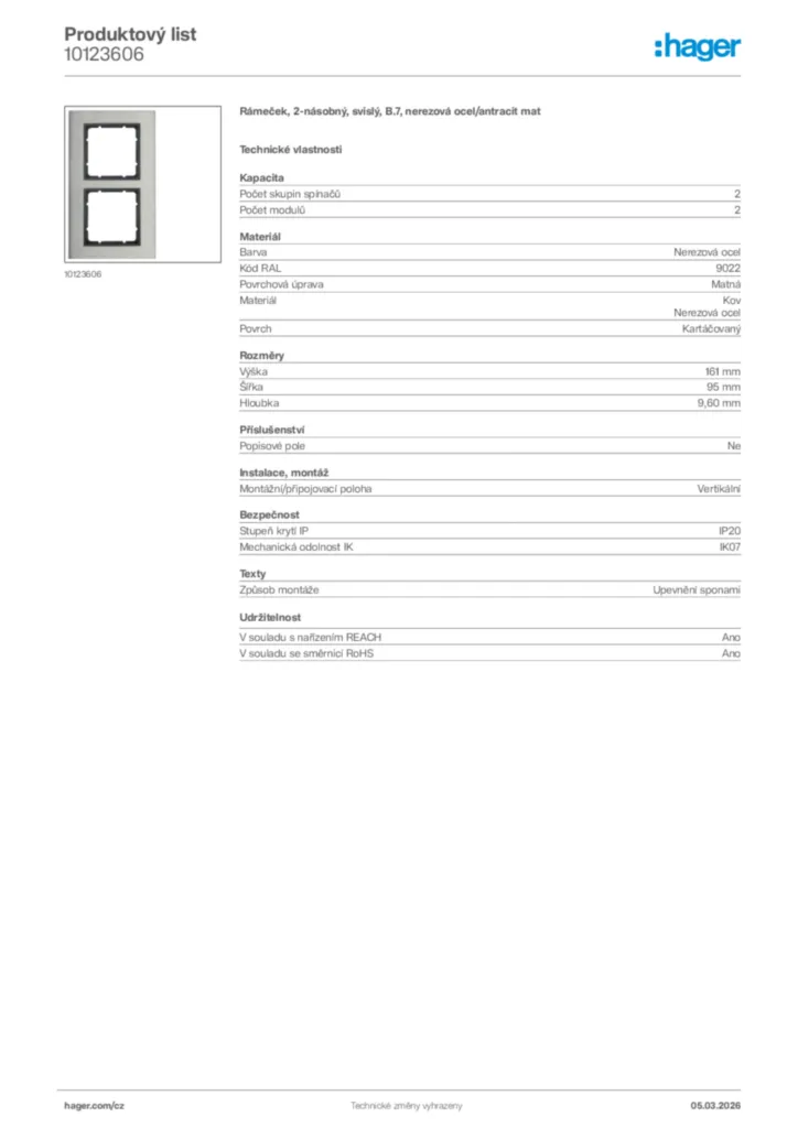 Obrázek Hager Product data sheet 10123606 | Hager