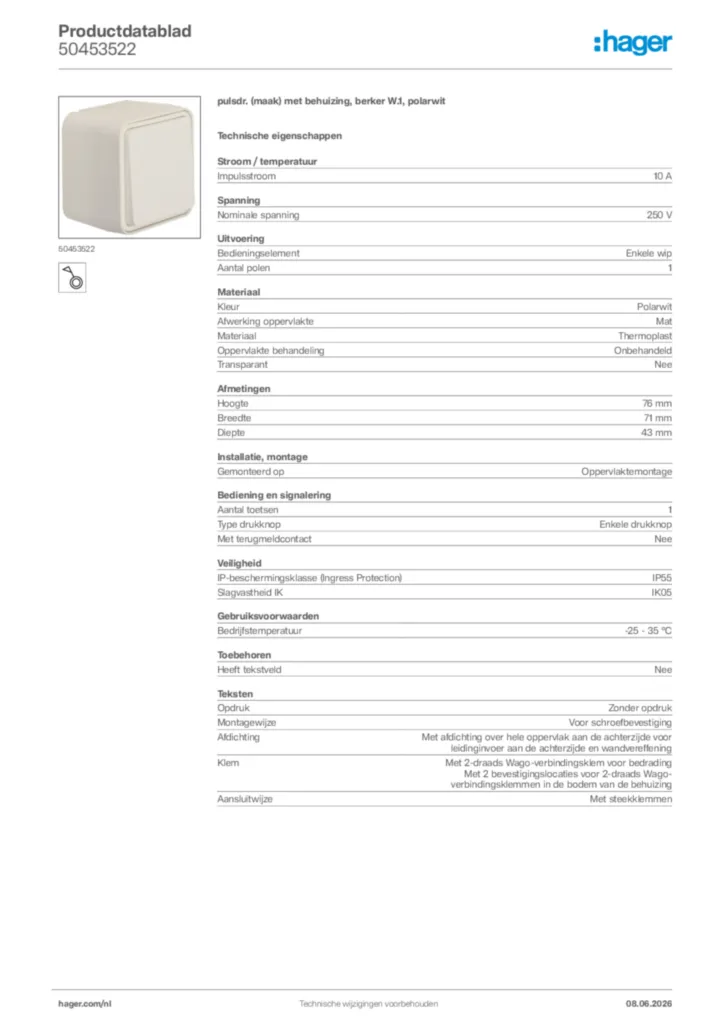 Afbeelding Hager Productdatablad 50453522 | Hager Nederland
