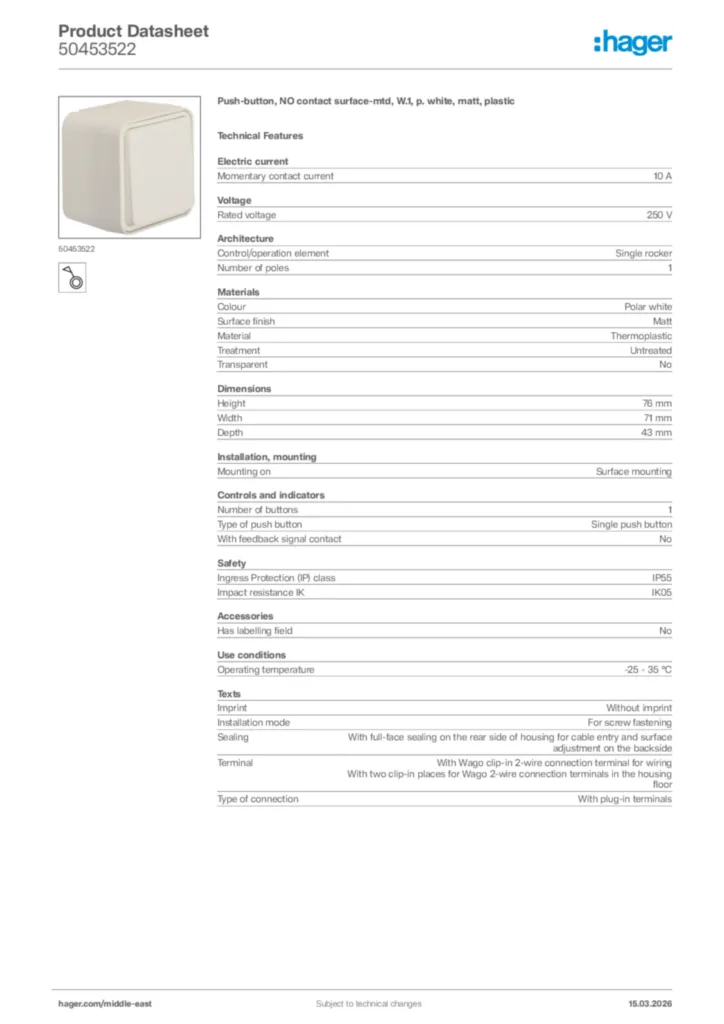 Image Hager Product data sheet 50453522  | Hager