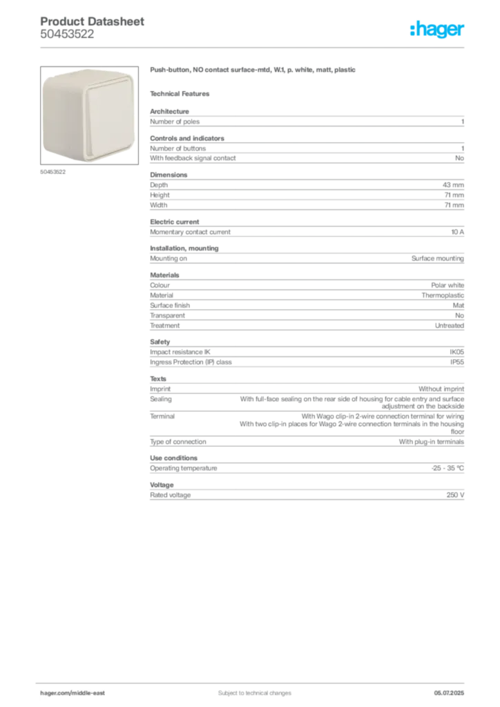 Image Hager Product data sheet 50453522  | Hager