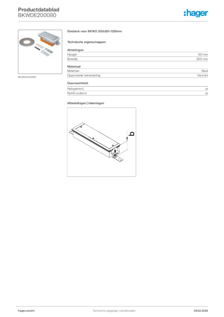 Afbeelding Hager Productdatablad BKWDE200080 | Hager Nederland