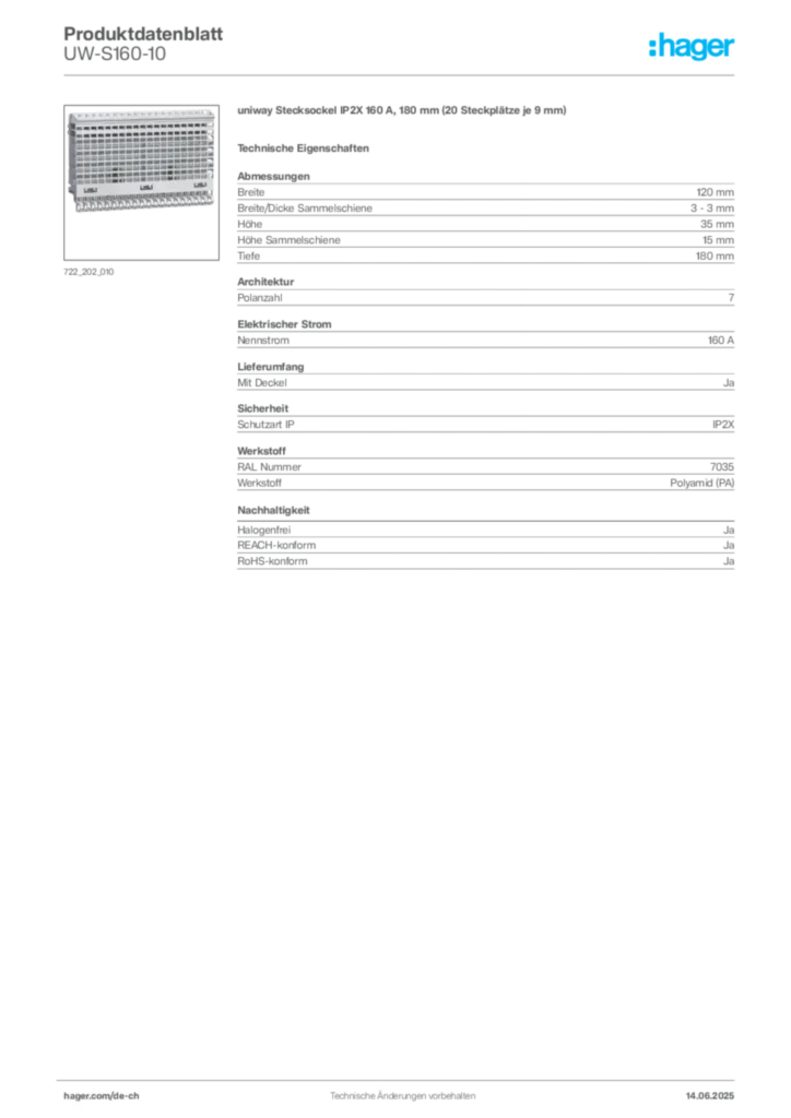 Bild Hager Produktdatenblatt UW-S160-10 | Hager Schweiz