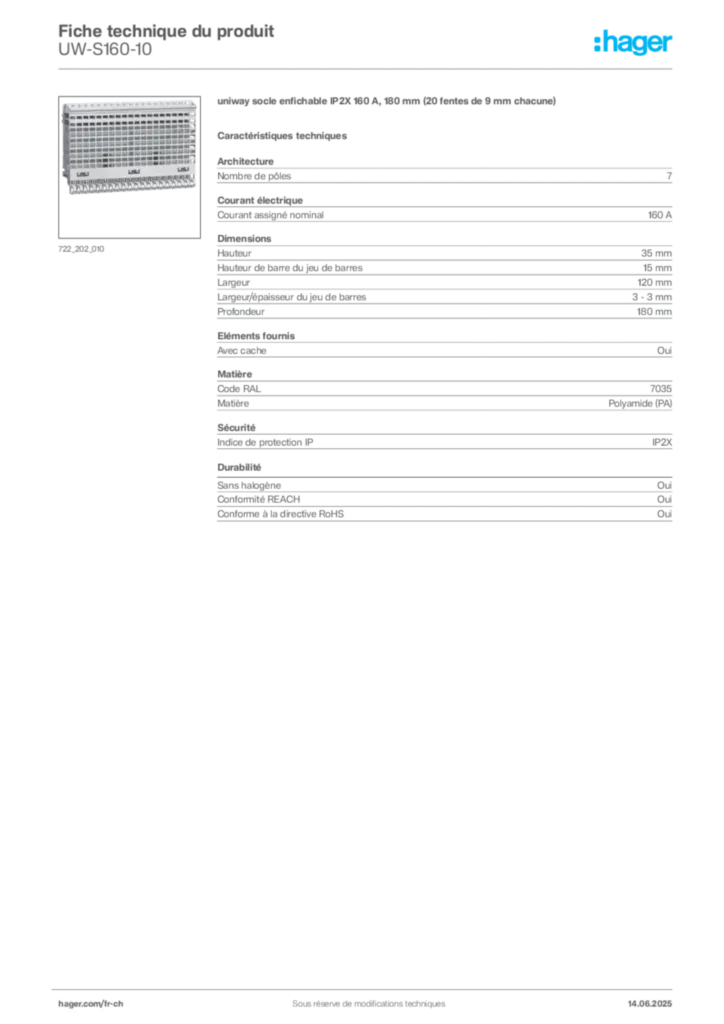Image Hager Fiche technique du produit UW-S160-10 | Hager Suisse