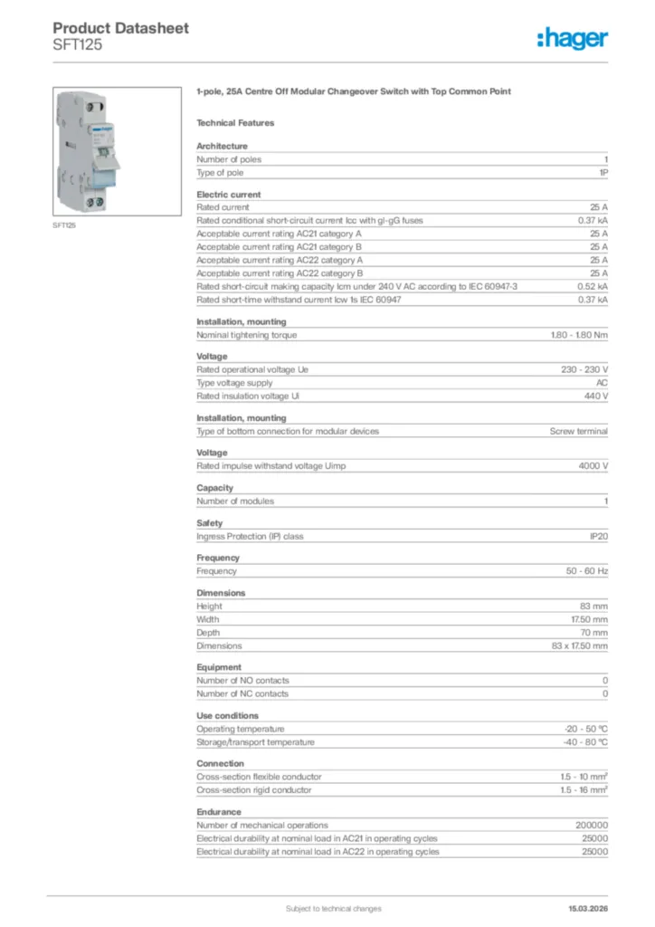 Image Hager Product data sheet SFT125  | Hager Africa