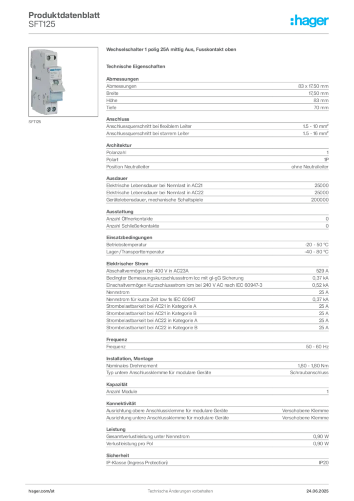 Bild Hager Produktdatenblatt SFT125 | Hager Deutschland