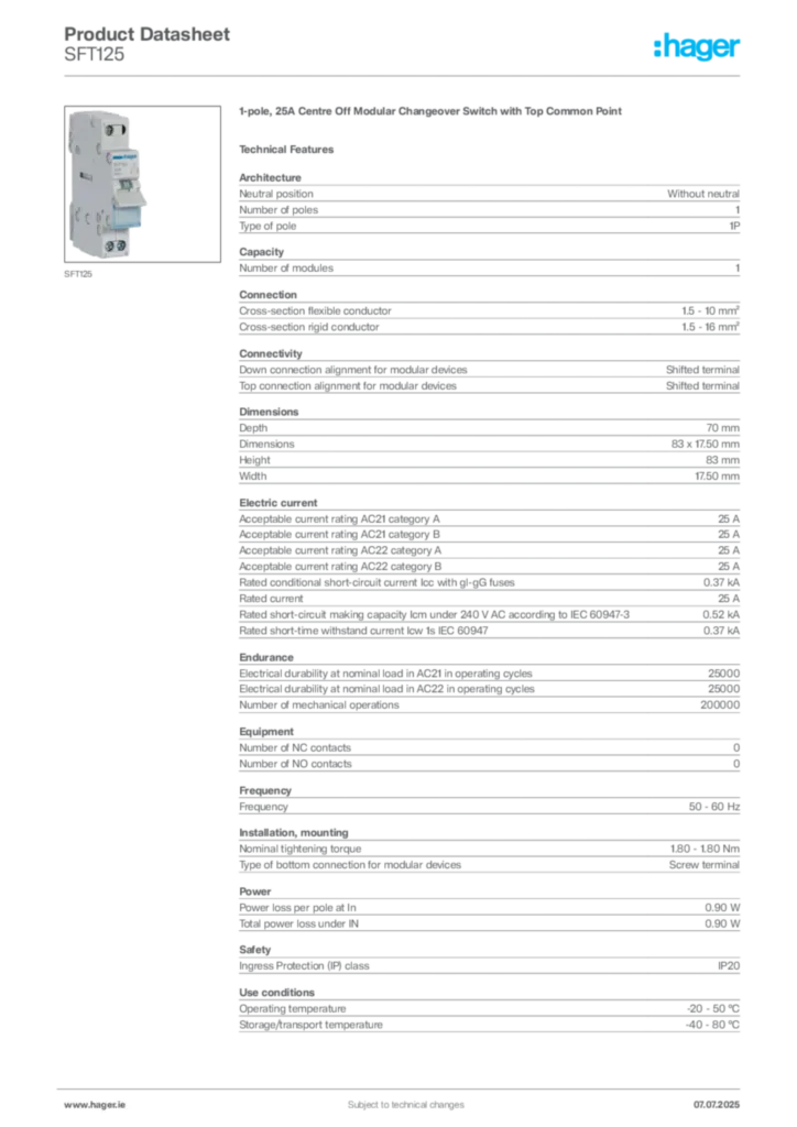 Image Hager Product data sheet SFT125  | Hager