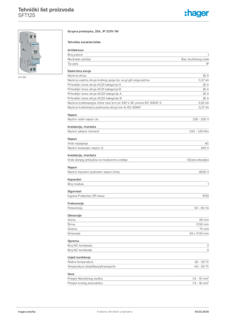 Slika Hager Tehnički list proizvoda SFT125  | Hager