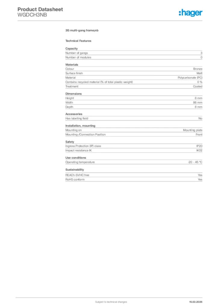 Image Hager Product data sheet WGDCH3NB  | Hager