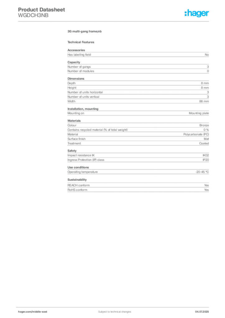 Image Hager Product data sheet WGDCH3NB  | Hager
