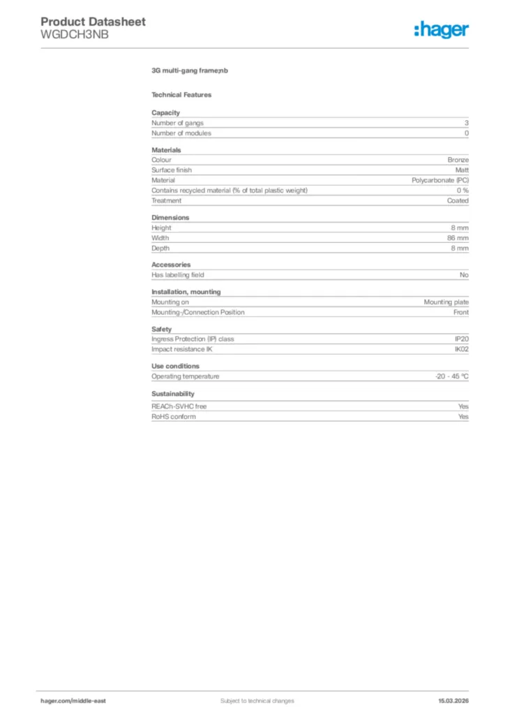 Image Hager Product data sheet WGDCH3NB  | Hager